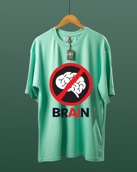 DUMM No Brain AI oversized t-shirt in mint green on wooden hanger