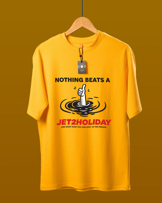 DUMM Nothing Beats A Holiday oversized t-shirt in mustard yellow on wooden hanger