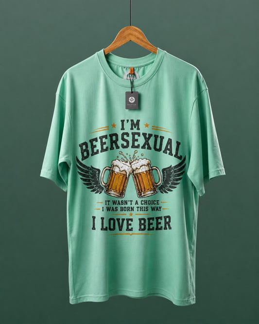 DUMM I'm Beersexual oversized t-shirt in mint green on wooden hanger