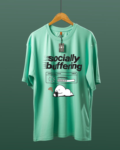 DUMM Socially Buffering oversized t-shirt in mint green on wooden hanger
