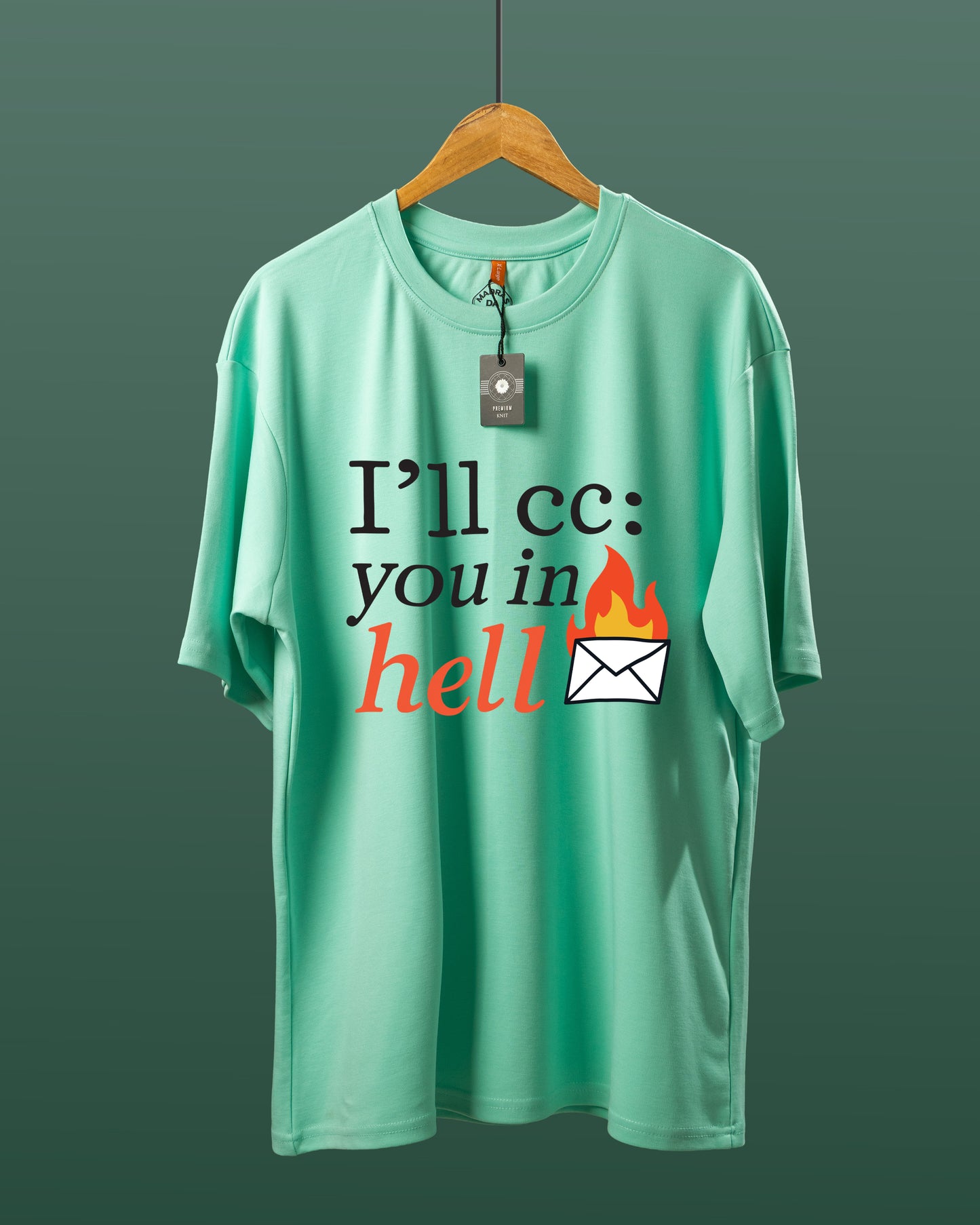 DUMM I'll CC You In Hell oversized t-shirt in mint green on wooden hanger