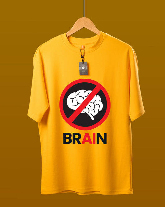 DUMM No Brain AI oversized t-shirt in mustard yellow on wooden hanger