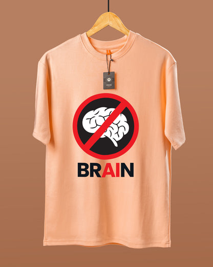 DUMM No Brain AI oversized t-shirt in peach on wooden hanger