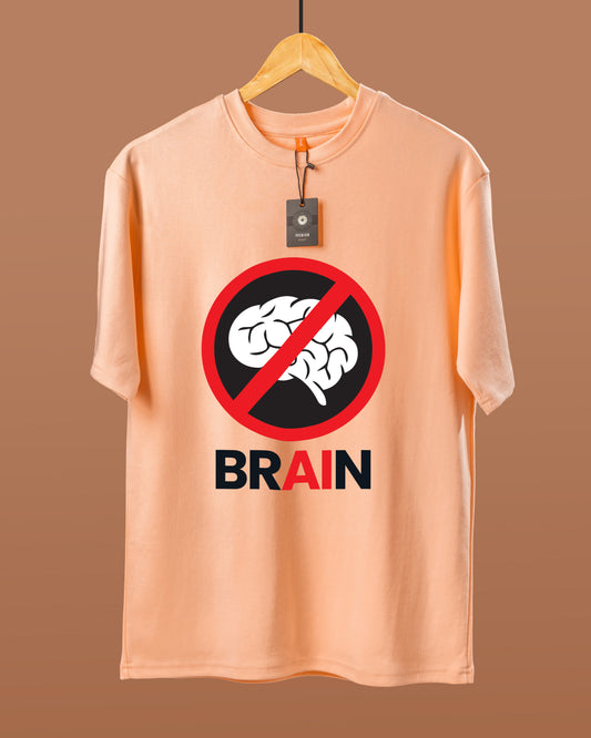 DUMM No Brain AI oversized t-shirt in peach on wooden hanger