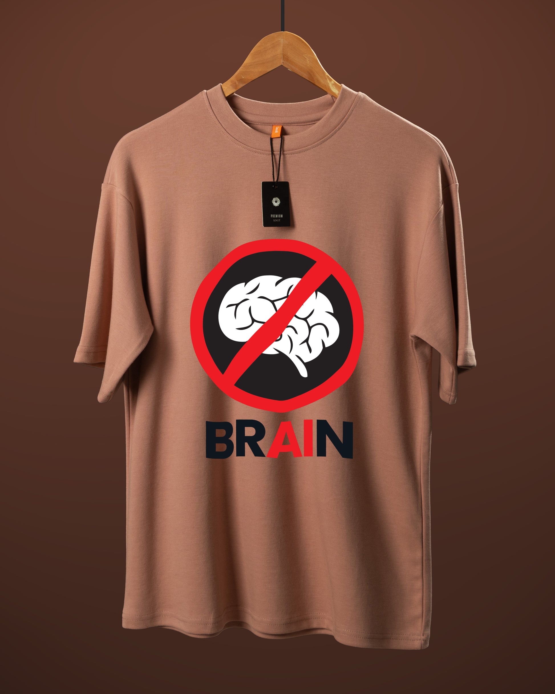 DUMM No Brain AI oversized t-shirt in dusty rose on wooden hanger