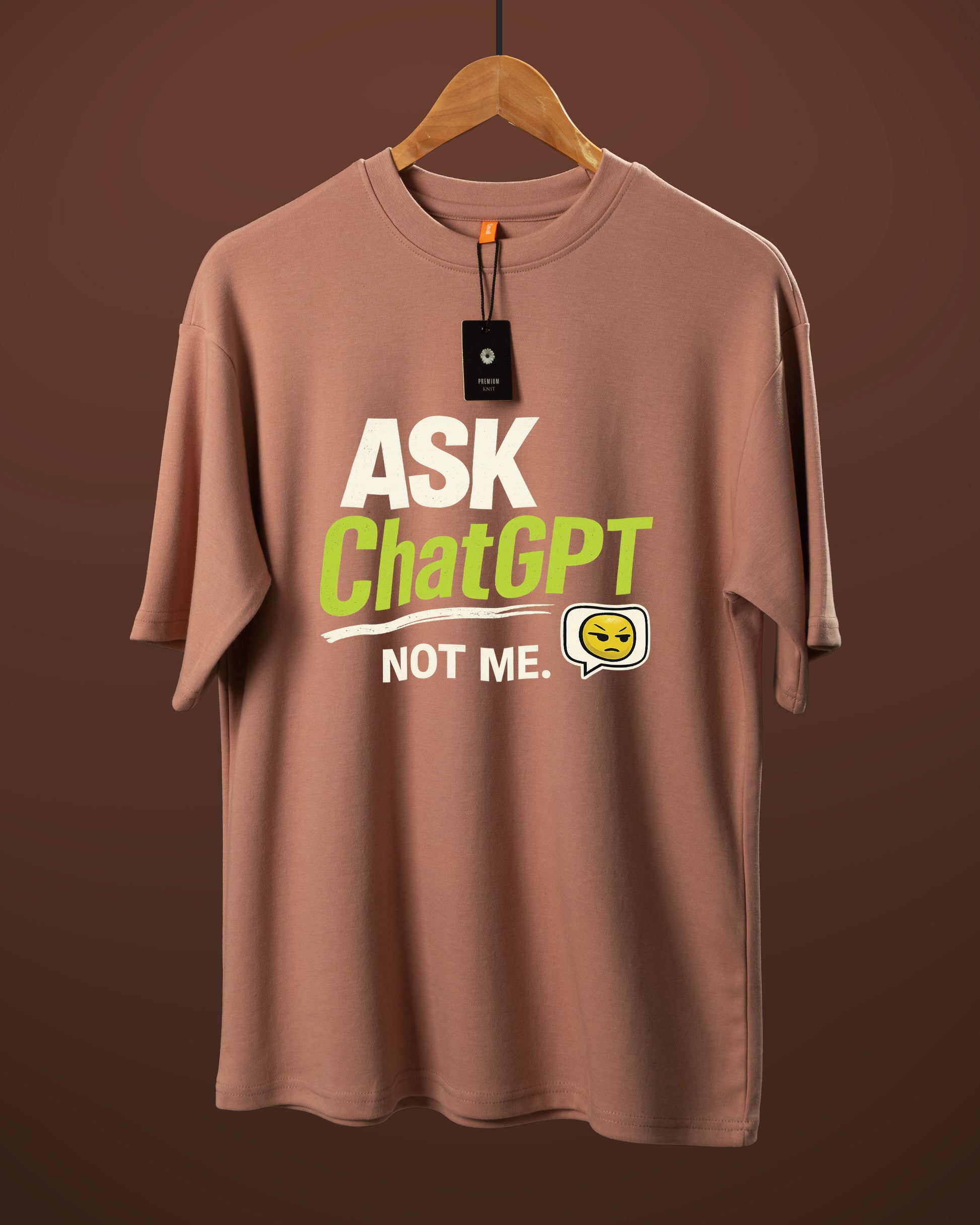 DUMM Ask ChatGPT Not Me oversized t-shirt in dusty rose on wooden hanger