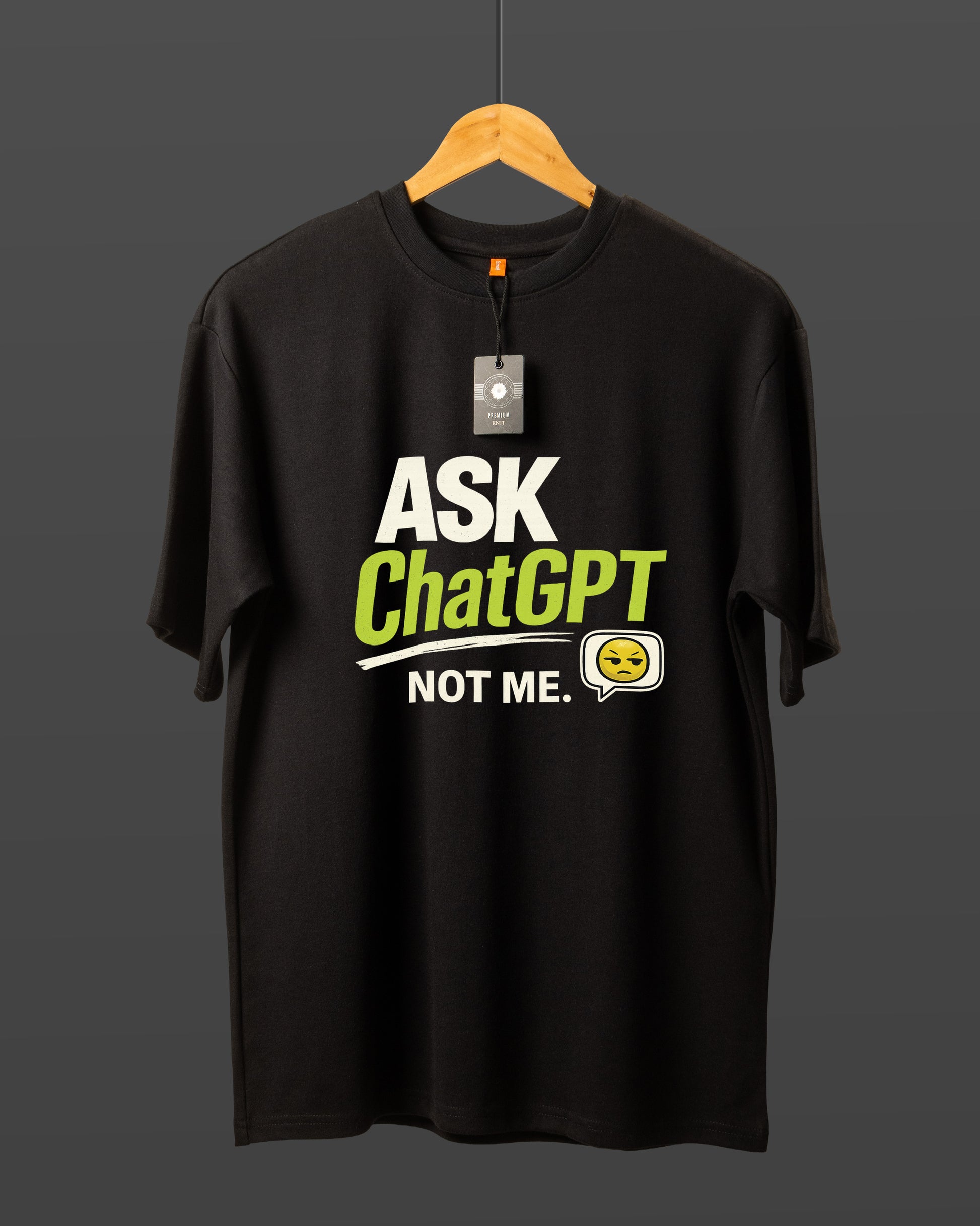 DUMM Ask ChatGPT Not Me oversized t-shirt in black on wooden hanger