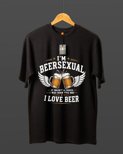 DUMM I'm Beersexual oversized t-shirt in black on wooden hanger