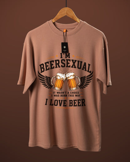 DUMM I'm Beersexual oversized t-shirt in dusty rose on wooden hanger