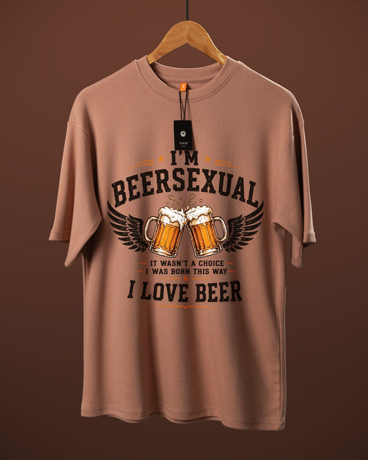 DUMM I'm Beersexual oversized t-shirt in dusty rose on wooden hanger