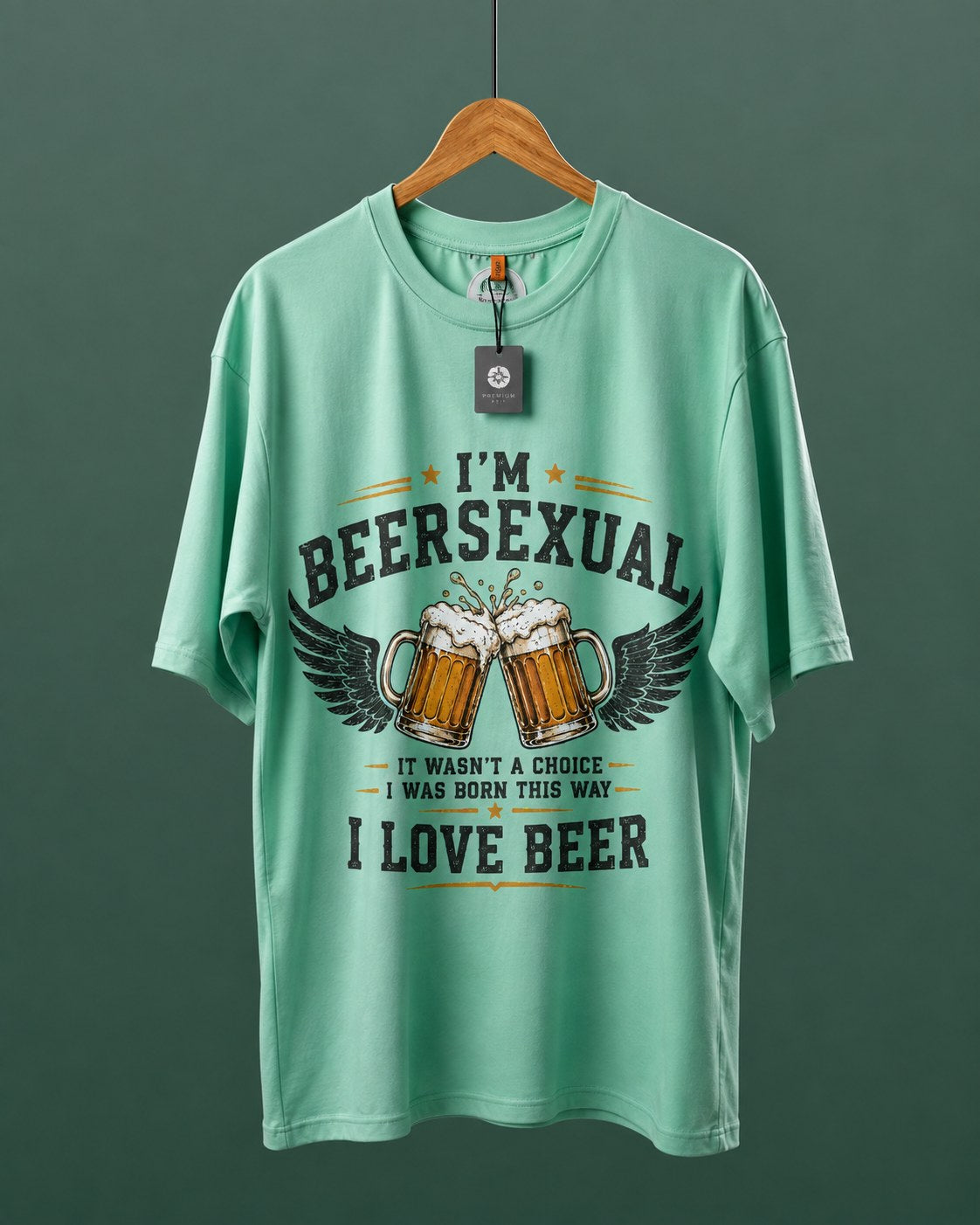 DUMM I'm Beersexual oversized t-shirt in mint green on wooden hanger