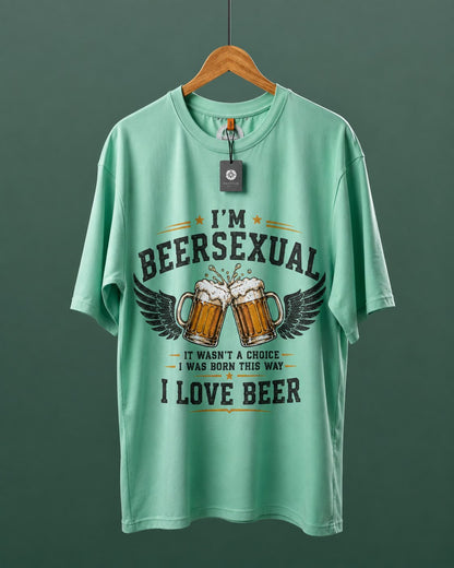 DUMM I'm Beersexual oversized t-shirt in mint green on wooden hanger