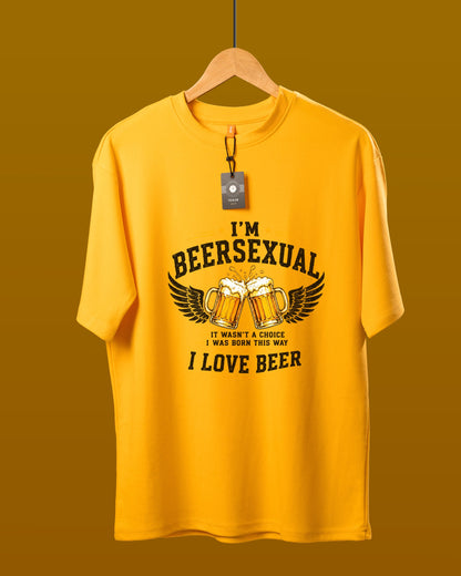 DUMM I'm Beersexual oversized t-shirt in mustard yellow on wooden hanger