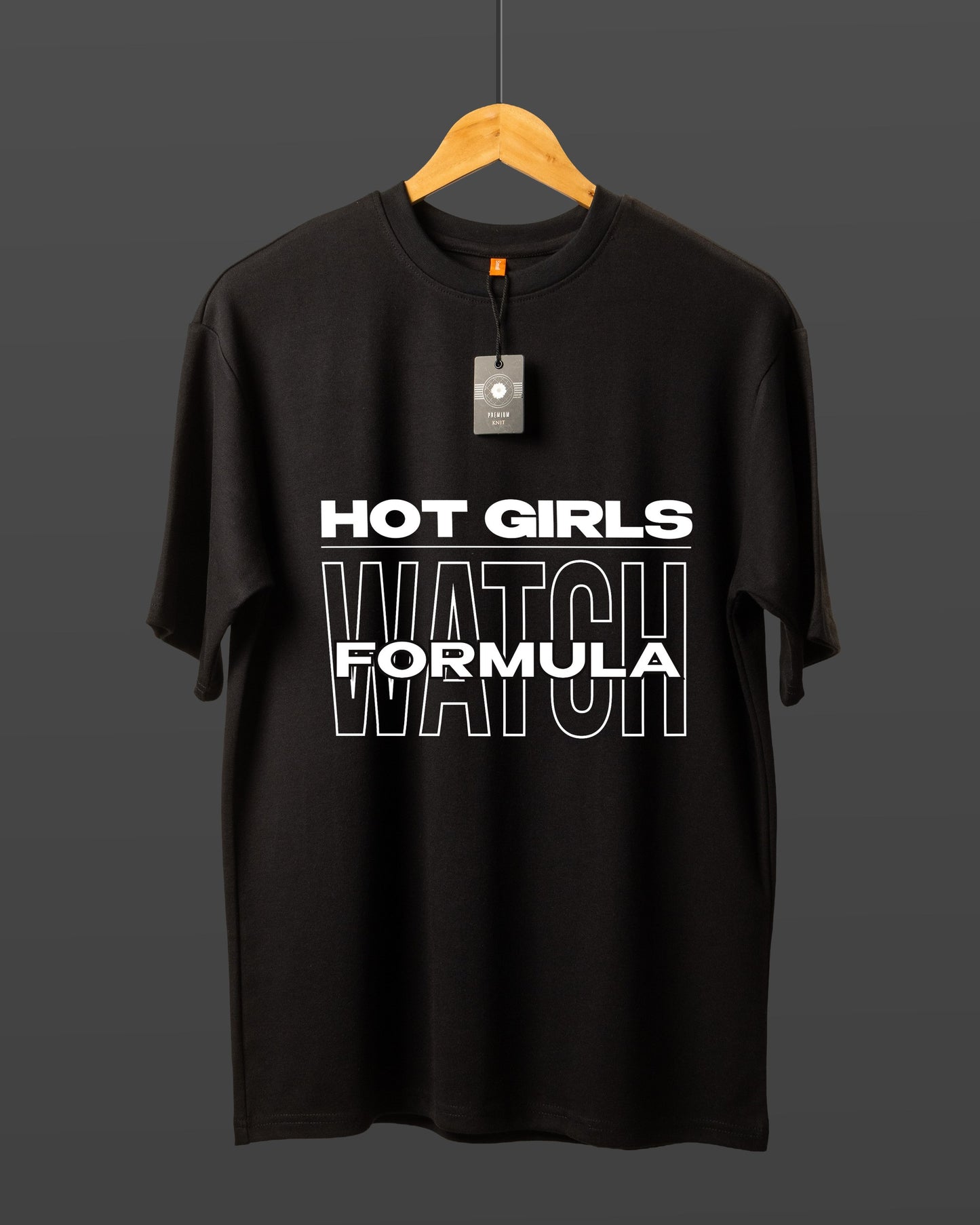 DUMM Hot Girls Watch Formula oversized t-shirt in black on wooden hanger