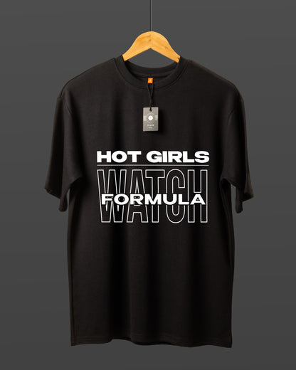 DUMM Hot Girls Watch Formula oversized t-shirt in black on wooden hanger