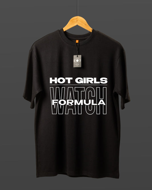 DUMM Hot Girls Watch Formula oversized t-shirt in black on wooden hanger