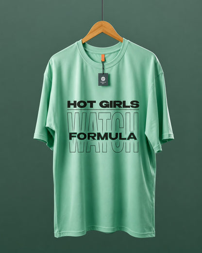 DUMM Hot Girls Watch Formula oversized t-shirt in mint green on wooden hanger