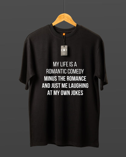 DUMM Romantic Comedy Minus The Romance oversized t-shirt in black on wooden hanger