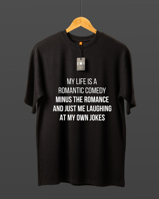DUMM Romantic Comedy Minus The Romance oversized t-shirt in black on wooden hanger